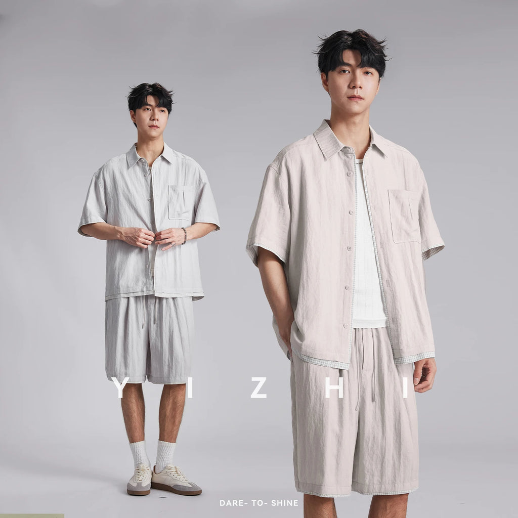 Fashion Men Lyocell Linen Two Piece Set 2026 Summer Lapel Loose Casual Cool Feel Shirt And Shorts Outfit