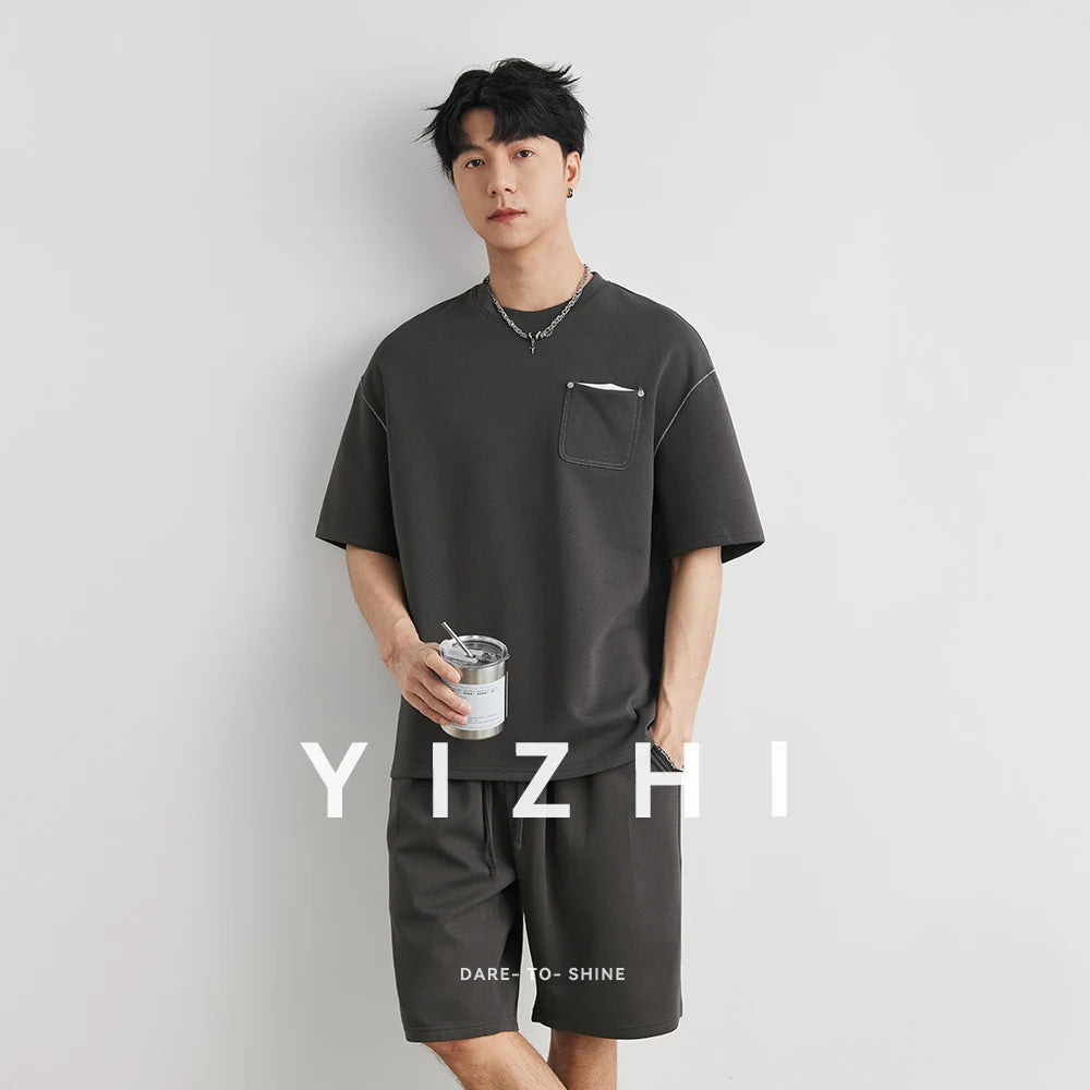 Men's Contrast Stitch Pocket Casual T-Shirt & Shorts Set Summer Solid Color Loose Comfortable Short Sleeve 2-Piece Tracksuit
