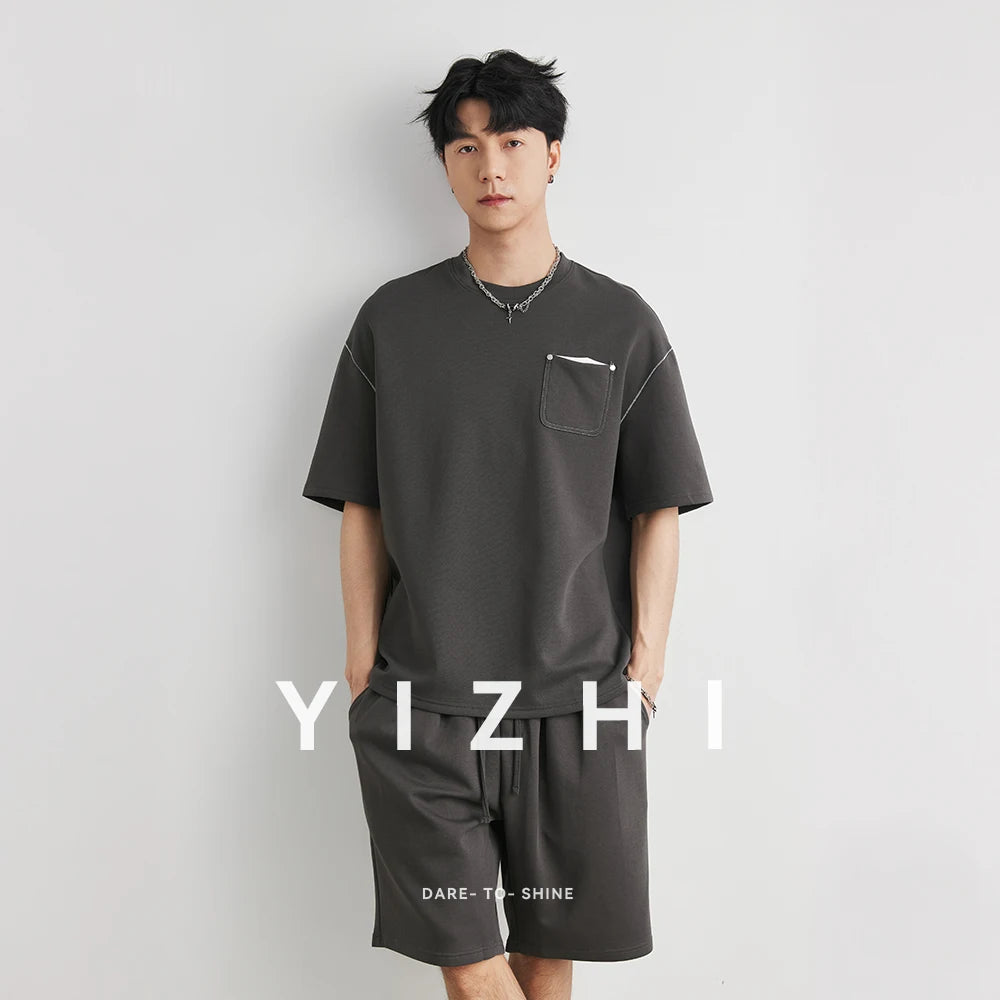 Men's Contrast Stitch Pocket Casual T-Shirt & Shorts Set Summer Solid Color Loose Comfortable Short Sleeve 2-Piece Tracksuit