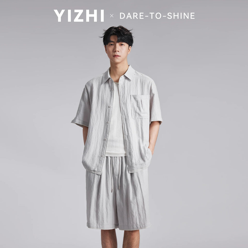 Fashion Men Lyocell Linen Two Piece Set 2026 Summer Lapel Loose Casual Cool Feel Shirt And Shorts Outfit