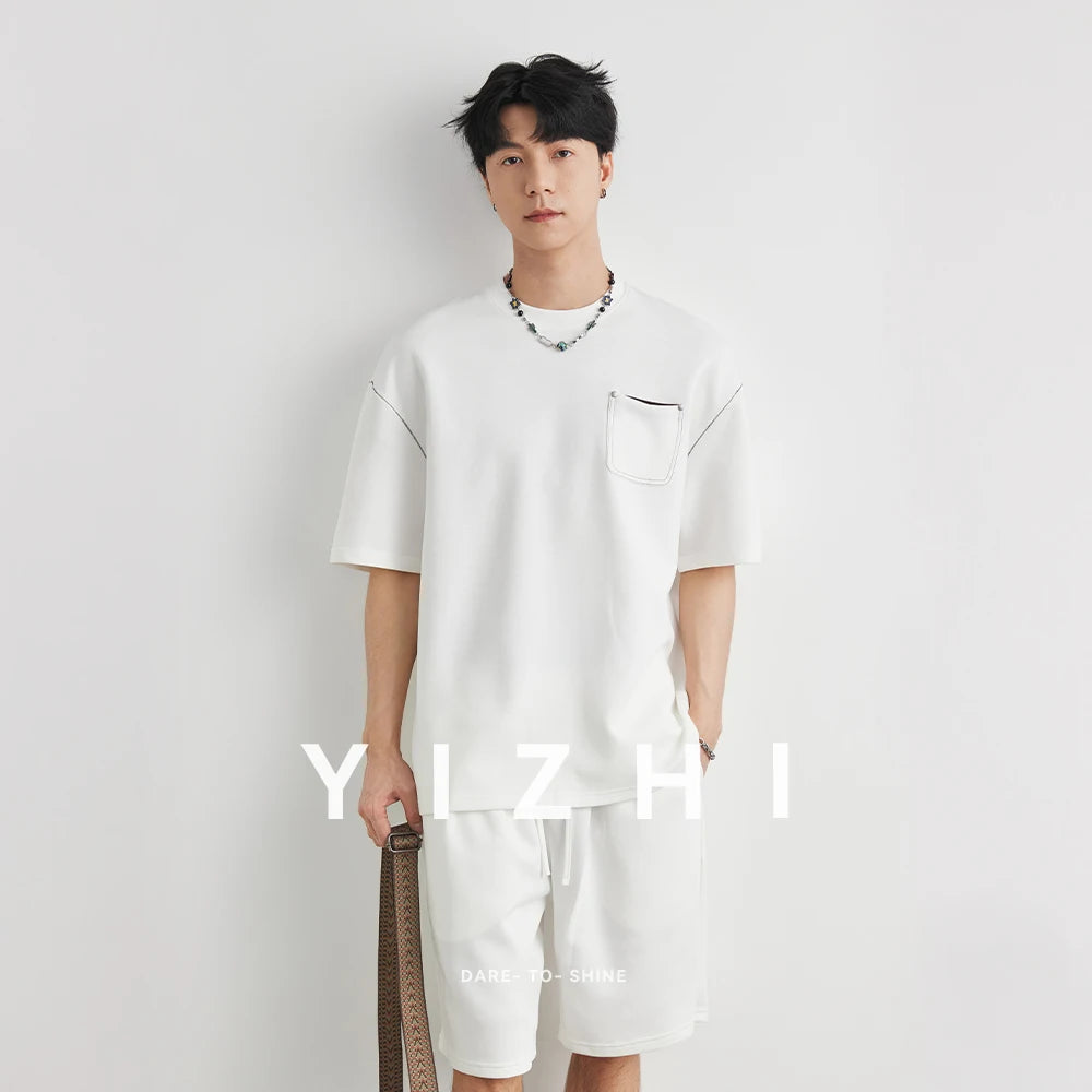 Men's Contrast Stitch Pocket Casual T-Shirt & Shorts Set Summer Solid Color Loose Comfortable Short Sleeve 2-Piece Tracksuit